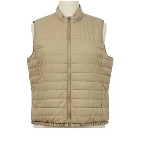 Multiples Womens 3X Puffer Vest Tan Quilted Ruffle Hem Zip Up Sleeveless